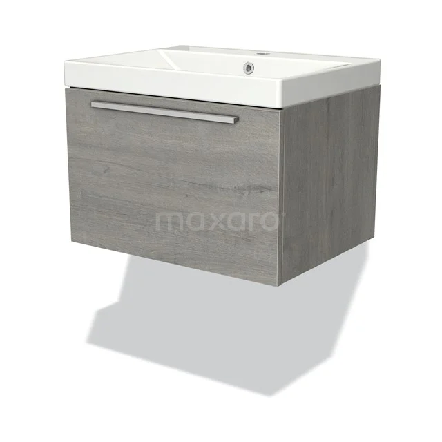 Grauer hängender Badschrank, Holz-Optik, mit weißem Waschbecken und metallischem Haltegriff, stilvolles und kompaktes Design.