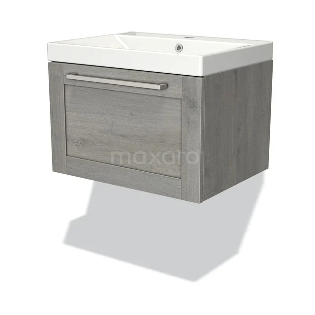Grey wooden vanity unit with white ceramic sink, hanging design, ideal for modern bathroom fittings.