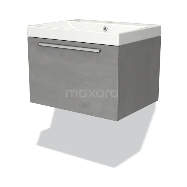 Badmöbel 60cm Modulo hellgrauer Beton 1 Schublade Flaches Waschbecken Keramik BMW11-02783 Graues hängendes Badmöbel mit weißem Waschbecken, schlichtes Design und metallem Griff, ideal für ein modernes Badezimmer.