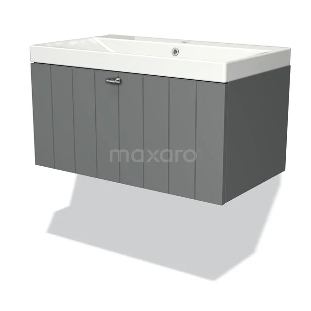 Grey hanging bathroom unit with white vanity units with basin, modern vertical lines, ideal for stylish bathroom design.
