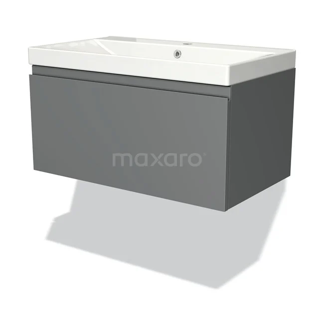 Grey hanging vanity unit with white ceramic sink, modern design, ideal for stylish bathroom decor.