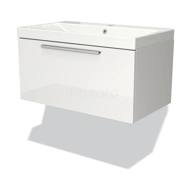 Weißes hängendes Badmöbel mit glänzender Oberfläche, eine Schublade und integriertes Waschbecken, modernes Design.