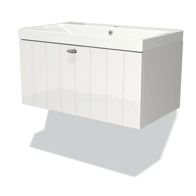 White hanging bathroom cabinet with glossy finish, integrated basin and modern lines for a contemporary bathroom style.