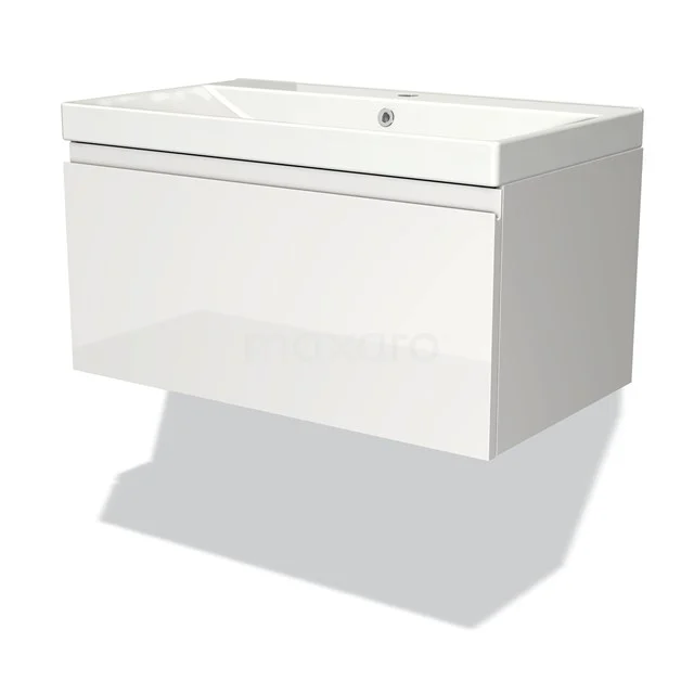 Weißes glänzendes Badmöbel mit integriertem Waschbecken, minimalistisches Design und Hochglanz-Oberfläche, ideal für moderne Bäder.