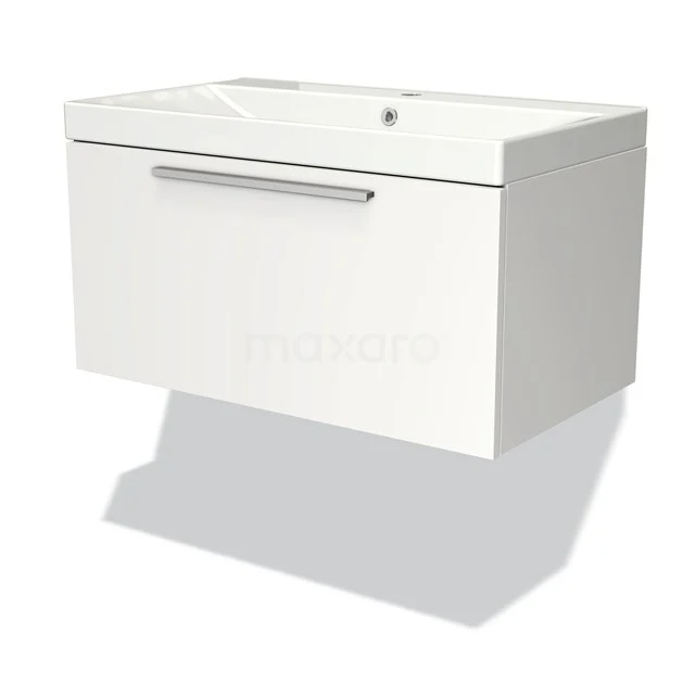 White suspended bathroom unit with ceramic basin, modern drawers and silver handle, ideal for compact bathrooms.