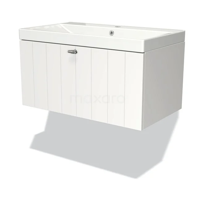 White wooden bathroom unit with basin, modern wall-mounted vanity units with storage space and vertical panels for a stylish bathroom.