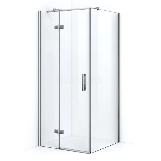 Glasene Duschkabine mit Eckeinstieg, silberfarbigen Profilen und Drehtür, ideal für ein modernes Badezimmer.