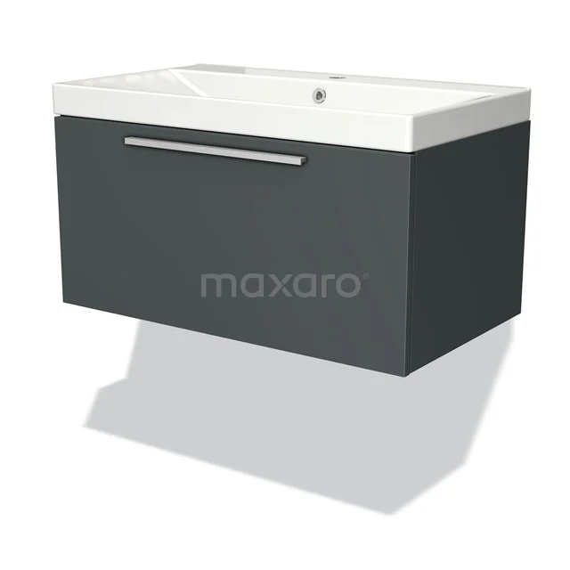 Dunkelgrauer schwebender Badschrank mit weißem Waschbecken, schickem Haltegriff und modernem Design, ideal für stilvolle Bäder.