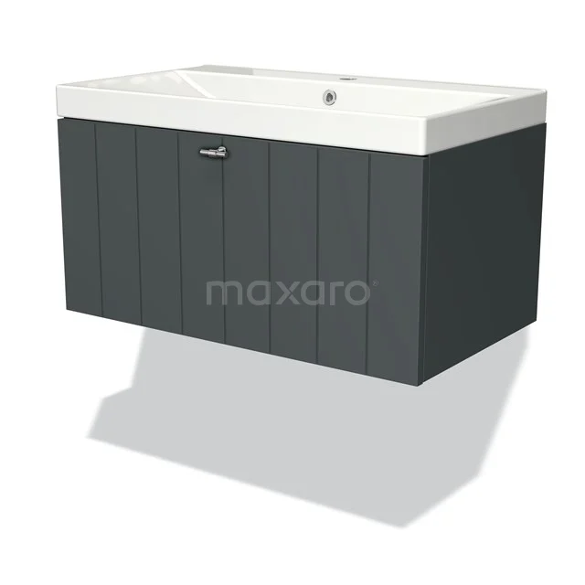 Modern grey wall cabinet with white basin, vertical lines, ideal for stylish bathroom storage.