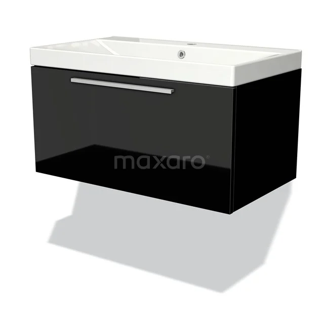 Schwarzer wandhängender Badschrank mit weißem Waschbecken, minimalistisches Design, glänzende Oberfläche und moderner Metallhaltegriff.