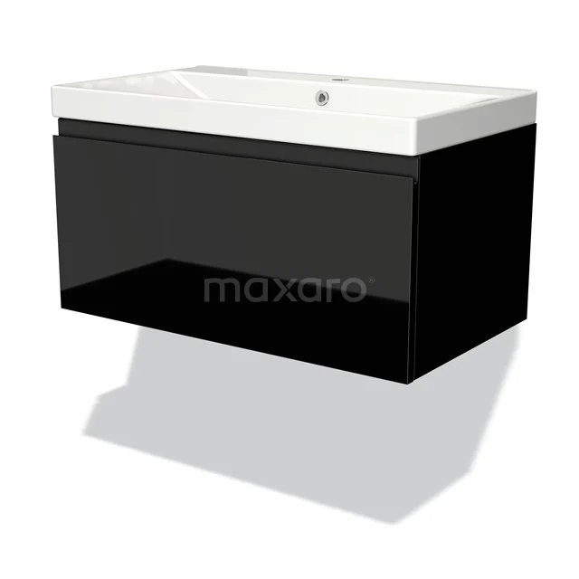 Schwarz Wandmöbel mit Hochglanzoberfläche und integriertem Waschbecken, ideal für moderne Badezimmer Einrichtung.