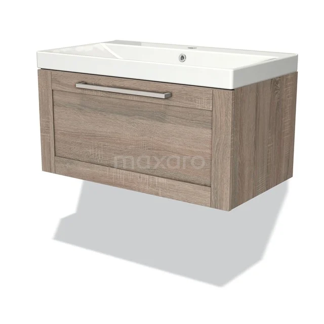 Holz Badezimmermöbel mit Schublade, Waschbecken aus Keramik, modernes hängendes Design in Eiche Optik.