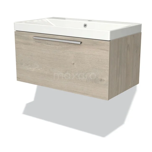 Holz Badezimmermöbel mit Schublade, hell Eichenholz, weißes Waschbecken, modernes Design, ideal für stimmungsvolle Badezimmerraum.