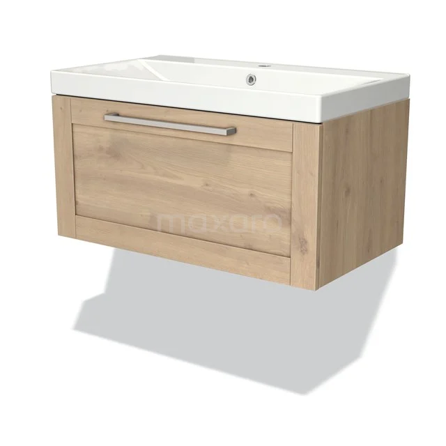 Holz Badezimmermöbel mit Waschbecken, helle Eiche Oberfläche, minimalistisches Design und integrierte Schublade.