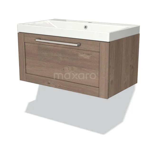 Hängender Badschrank aus Holz mit Schublade, Eichenoptik und weißem keramischen Waschbecken, elegantes Design für moderne Bäder.