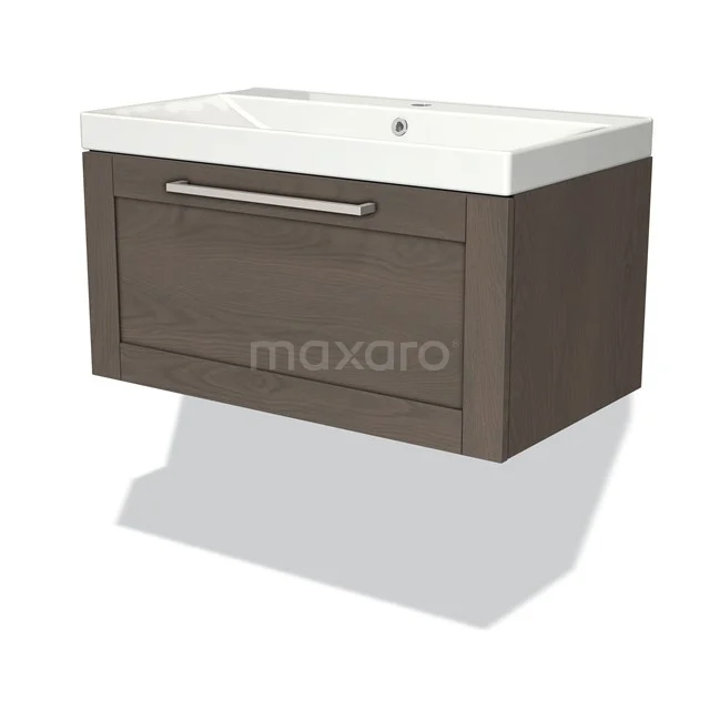 Modulo Waschtische | 80 cm Dunkelbraune Eiche Rahmen front Keramik 1 Schublade BMW11-02812 Braunes Holz Badezimmermöbel mit weißem keramischen Waschbecken, metallischem Haltegriff und moderner hängender Wandkonstruktion.