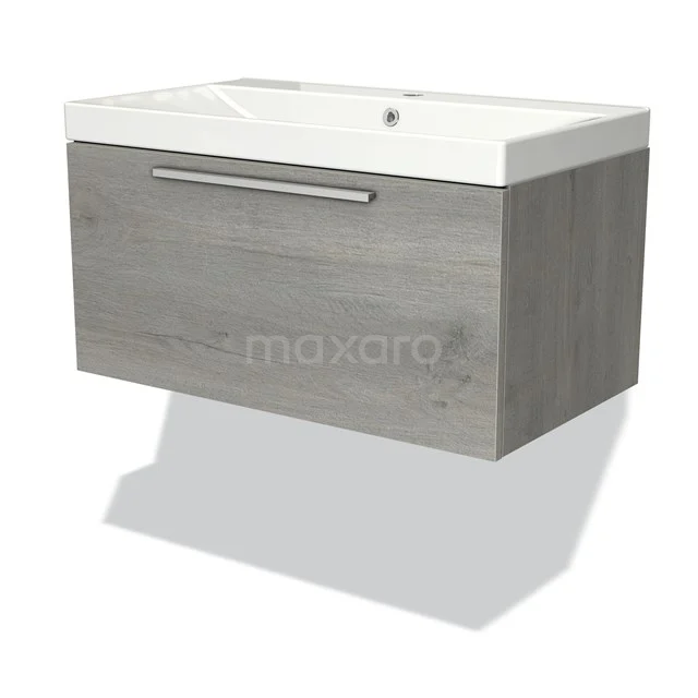 Grey wooden bathroom unit with matte white basin, wall-mounted and sleek design, ideal for modern bathroom design.