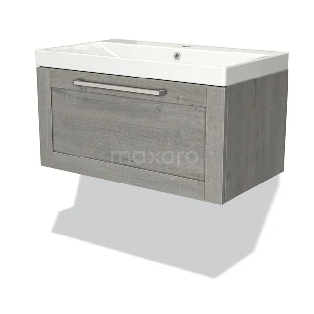 Badmöbel 80cm Modulo Graue Eiche 1 Schublade Rahmen Waschbecken Keramik BMW11-02814 Graues Holz-Badmöbel mit weißem keramischen Waschbecken, perfekt für eine moderne Badezimmergestaltung.