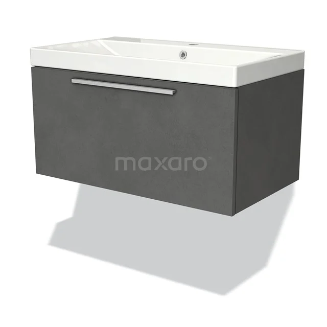Grey suspended bathroom unit with integrated white vanity units with basin, modern design and spacious storage drawer.