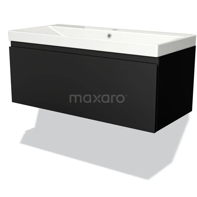 Black vanity unit with white basin, wall-mounted, modern design, ideal for stylish bathroom design.