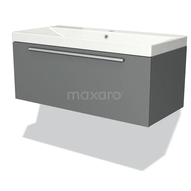 Graue Badmöbelset mit weißem Waschbecken, minimalistisches Design und geräumiger Schublade, ideal für ein modernes Badezimmer.