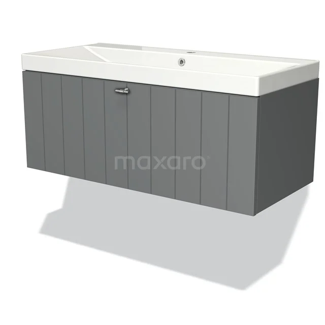 Modern grey wooden vanity unit with built-in white basin, perfect for a stylish bathroom design.