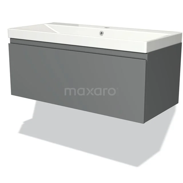 Grey rectangular bathroom furniture set with integrated basin, modern design in matte finish.