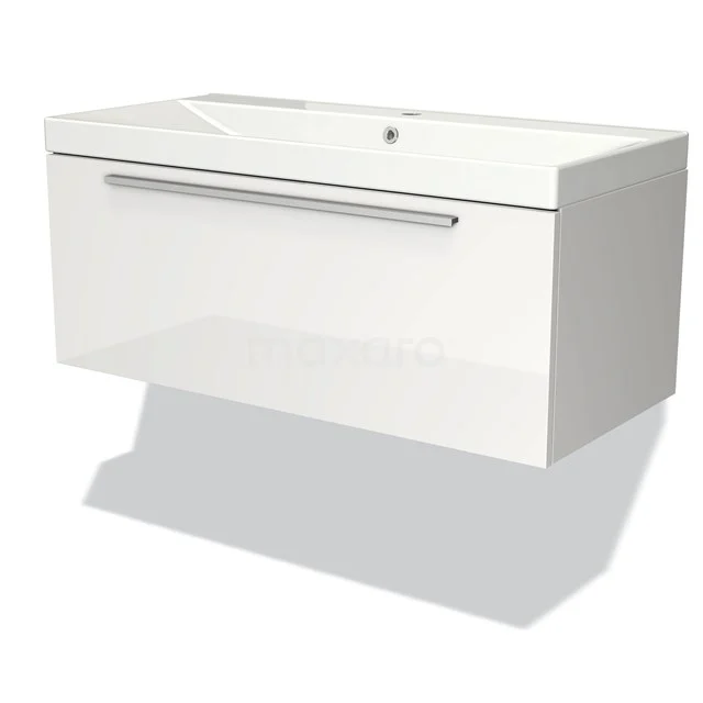 Badmöbel 100cm Modulo Hochglanz Weiß 1 Schublade Flaches Waschbecken Keramik BMW11-02823 Weiße hängende Badschrank mit glänzender Oberfläche, breiter Schublade und metallischem Haltegriff, perfekt für moderne Badezimmerlagerung.