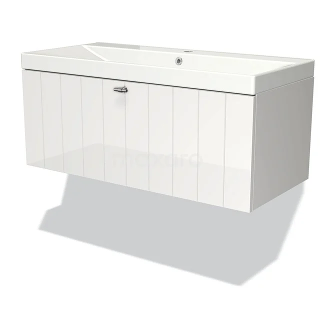 Modulo Bathroom furniture with sink | 100 cm High-gloss white Slat front Ceramic 1 drawer BMW11-02824 White vanity units with basin, modern hanging cabinet, vertical grooves and chrome handle, ideal for bathroom storage.