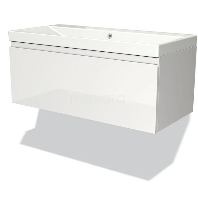 Weißes hängendes Badmöbel mit integriertem Waschbecken, modernes Design und Hochglanzoberfläche, ideal für kompakte Bäder.