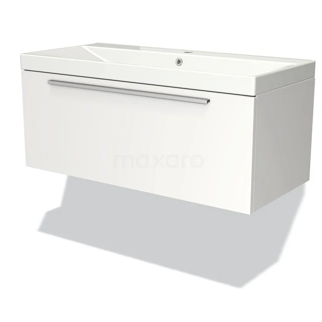 Badmöbel 100cm Modulo Matt Weiß 1 Schubladen-Flachwaschbecken aus Keramik BMW11-02826 Weißes schwebendes Badmöbel mit Schublade, modernes Design und Waschbecken, ideal für moderne Bäder.