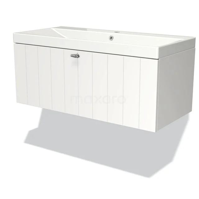 Modulo Vanity units with basin | 100 cm Matte white Slat front Ceramic 1 drawer BMW11-02827 White hanging bathroom unit with single basin, featuring wood-grain texture and soft-close drawers, modern and space-saving design.