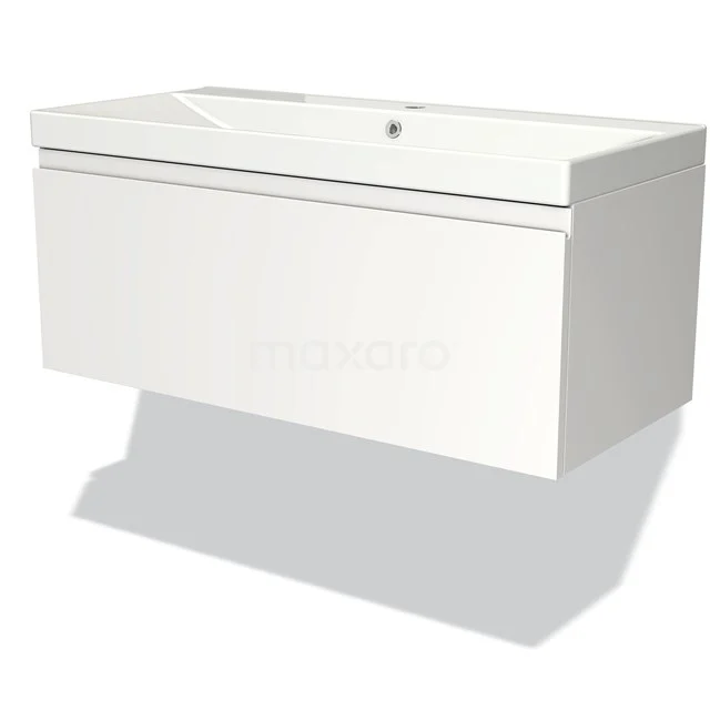 Weißes hängendes Badmöbel mit integriertem Waschbecken, modernes Design, sauber verarbeitet und aus hochwertigem Material gefertigt.