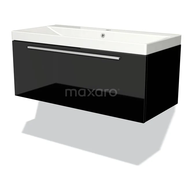 Black and white hanging bathroom unit with glossy finish and integrated sink, modern style.