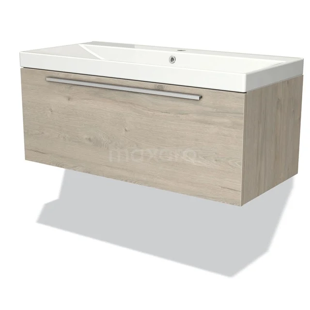 Wooden vanity units with basin, light oak finish, sleek design and metal handle.