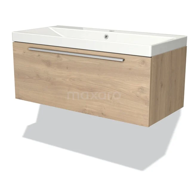 Wooden bathroom unit with integrated white basin, minimalist design and spacious storage drawer.