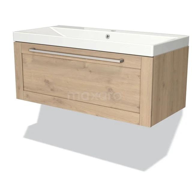 Wooden vanity unit with drawers and white ceramic basin, perfect for modern bathroom design.