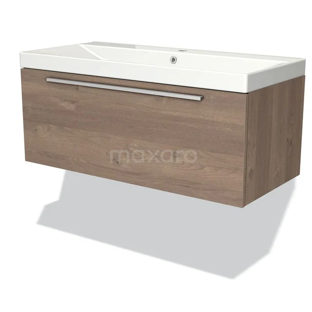 Wall-mounted vanity unit with drawers in wood look, white ceramic basin, ideal for a modern bathroom style.