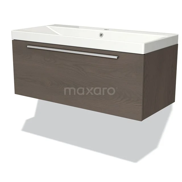 Modern wood-look vanity unit with a white ceramic sink, sleek handle and floating design for a stylish bathroom.