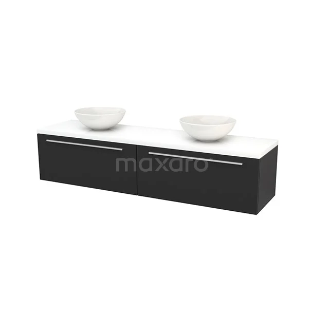 Modulo+ Plato Vanity units for countertop basin | 180 cm High-gloss white Flat front High-gloss white worktop 2 Side-by-side drawers BMK002411 Black bathroom furniture set with double countertop wash basins and white worktop, sleek design, ideal for modern bathrooms.