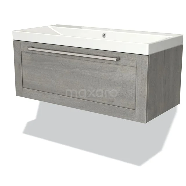 Grey wooden Bathroom unit with white vanity units with basin, modern drawers and chrome handle, ideal storage solution for any bathroom.