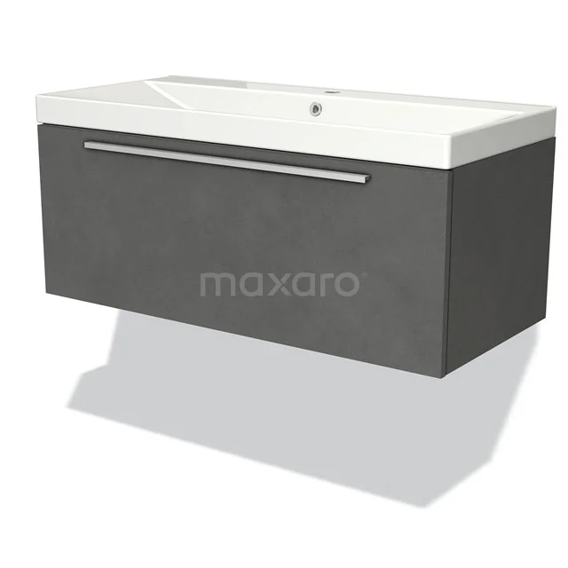 Modulo Bathroom furniture with sink | 100 cm Dark grey concrete Flat front Ceramic 1 drawer BMW11-02848 Grey hanging bathroom unit with white ceramic Basin worktop, modern rectangular shape and metal Handle, ideal for bathrooms.
