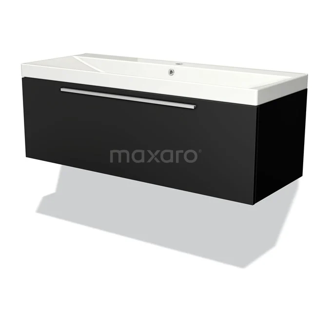 Black floating vanity unit with glossy finish, integrated white basin and chrome handle, ideal for the bathroom.