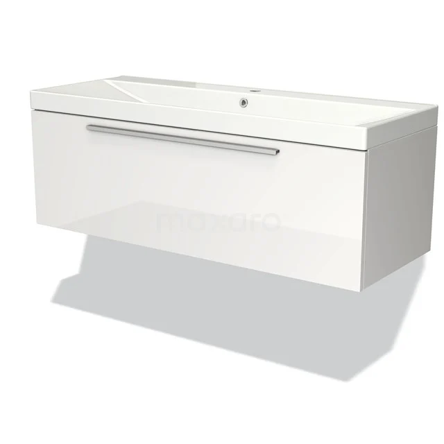 White vanity unit with a width of 100 cm, high-gloss white finish, integrated basin worktop and metal handle.