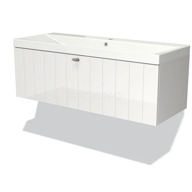 Modulo Waschtische | 120 cm Hochglanz Weiß Lamelle front Keramik 1 Schublade BMW11-02856 Weiße, hängende Badmöbel mit glänzender Oberfläche und integriertem Waschbecken, modernes Design für praktischen Stauraum.