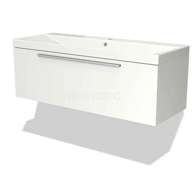 Weißes wandhängendes Waschtischmöbel mit klarem Design, einer Schublade und integriertem Waschbecken geeignet für moderne Bäder.