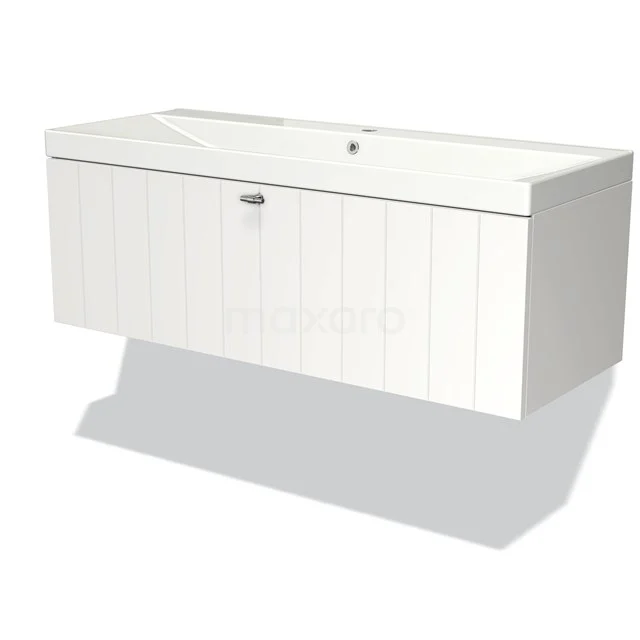 Wall-mounted bathroom unit, white with wood structure, wide vanity units with basin and soft-close drawer; modern design for a sleek bathroom.