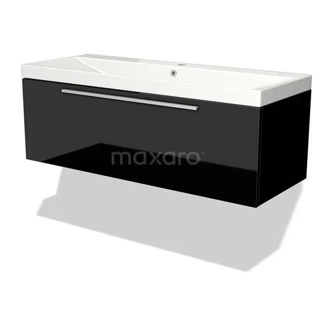 Modulo Vanity units with basin | 120 cm High-gloss black Flat front Ceramic 1 drawer BMW11-02864 Black bathroom unit with glossy finish, integrated vanity units with basin and chrome handle, ideal for modern bathrooms.