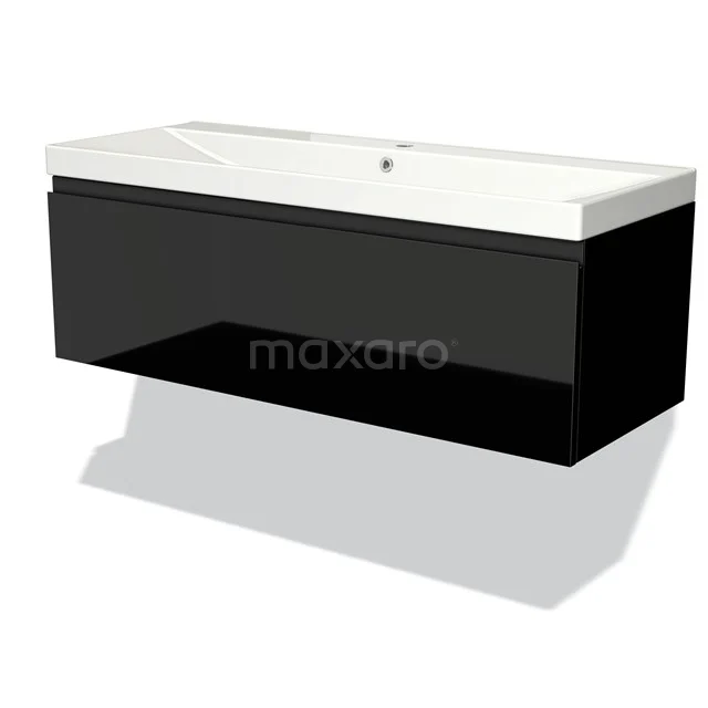Black wall unit with white ceramic basin, modern design, ideal for stylish bathroom decor.