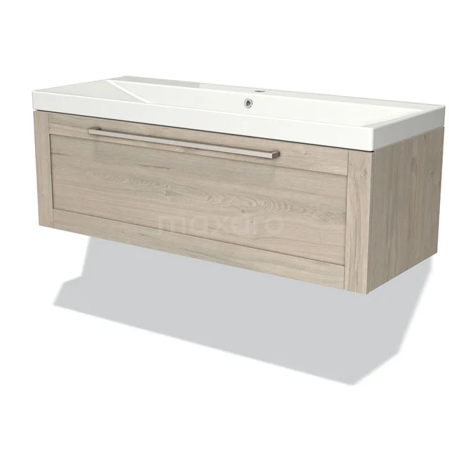 Modern oak bathroom unit with white vanity units with basin, sleek drawer and wall-mounted Elegance Series.